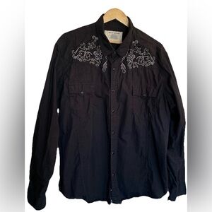 Dkny Mens Button-Down Shirt Long Sleeve Size XXL Black W/White Embroidery